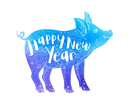 Cute pig symbol of Chinese zodiac for 2019 new year. Blue watercolor silhouette of pig and lettering. Hand drawn vector illustrationのイラスト素材