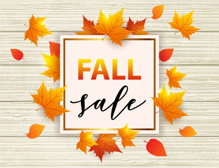Autumn vector wooden background with orange maple leaves. Abstract golden frame for seasonal fall sale.のイラスト素材
