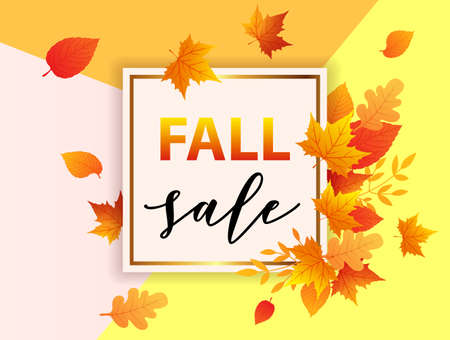 Autumn vector background with orange falling maple leaves. Abstract banner for seasonal fall sale.のイラスト素材