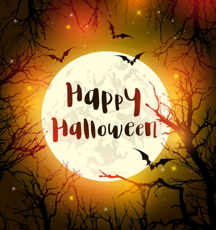 Halloween greeting card with full moon, bats and black silhouettes of tree. Vector illustrationのイラスト素材