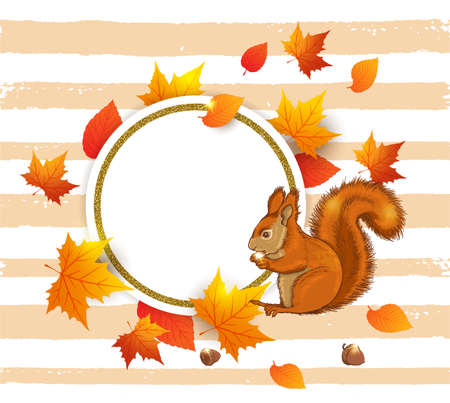 Autumn vector background with squirrel and orange maple leaves. Abstract round golden banner for seasonal fall sale.のイラスト素材