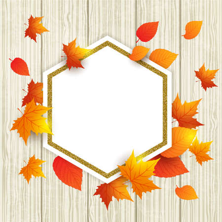 Autumn vector wooden background with orange maple leaves. Abstract golden frame for seasonal fall sale.のイラスト素材