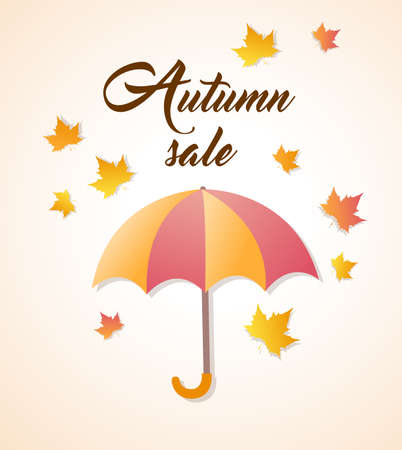 Autumn vector background with umbrella and orange falling maple leaves. Design for seasonal fall saleのイラスト素材