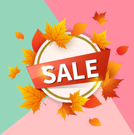Abstract round banner for seasonal fall sale. Autumn vector background with orange falling maple leaves.のイラスト素材