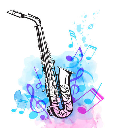 Music notes and saxophone with pink and blue watercolor texture. Abstract vector musical backgroundのイラスト素材