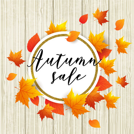 Autumn vector wooden background with orange maple leaves. Abstract round golden banner for seasonal fall sale.のイラスト素材