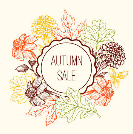 Autumn vector vintage background with orange maple leaves and flowers. Floral frame for seasonal fall sale.のイラスト素材