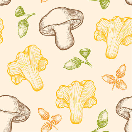 Autumn seamless pattern with forest mushrooms and acorns. Hand drawn vector background in vintage style.のイラスト素材
