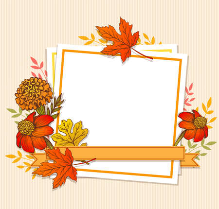Autumn vector vintage background with orange maple leaves, flowers and white sheet of paper. Floral frame for seasonal fall sale.のイラスト素材