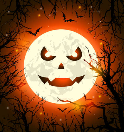 Halloween greeting card with scary face on the Moon, bats and silhouette of tree. Vector illustrationのイラスト素材