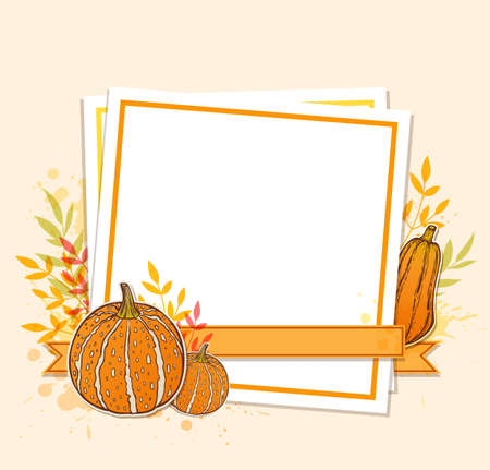 Autumn vector vintage background with orange pumpkins and white sheet of paper. Floral frame for seasonal fall sale.のイラスト素材