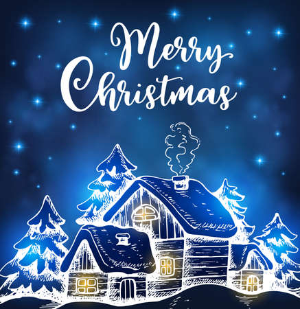 Winter night landscape with houses and fir in the snow on a blue background. Hand drawn Christmas greeting card.のイラスト素材
