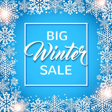 Decorative winter frame with white snowflakes on a blue background. Design for seasonal Christmas saleのイラスト素材