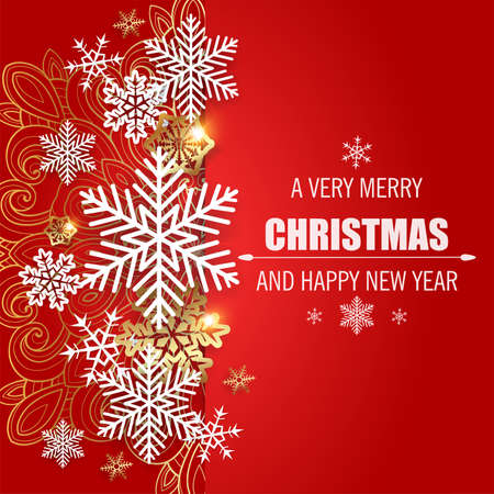 Red Christmas and New Year greeting card with white and golden snowflakes. Festive decorative vector backgroundのイラスト素材