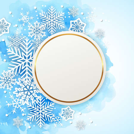 Blue Christmas watercolor background with round frame and  white snowflakes. New year greeting card. Vector illustrationのイラスト素材