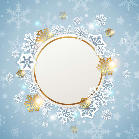 Christmas background with golden round frame  and white snowflakes. New year greeting card. Vector illustrationのイラスト素材