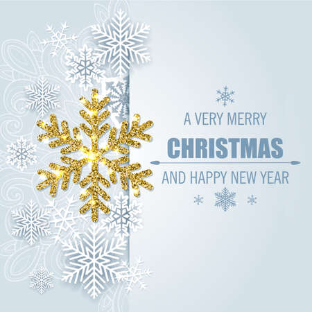 New year and Christmas greeting card with white and golden snowflakes on a blue background. Vector illustration.のイラスト素材
