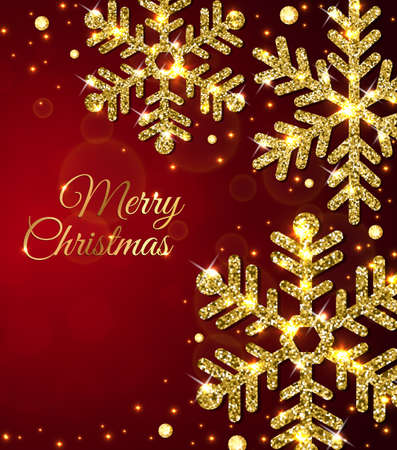 Christmas and new year design with golden glittering snowflakes and jewels on a red background. Vector illustrationのイラスト素材