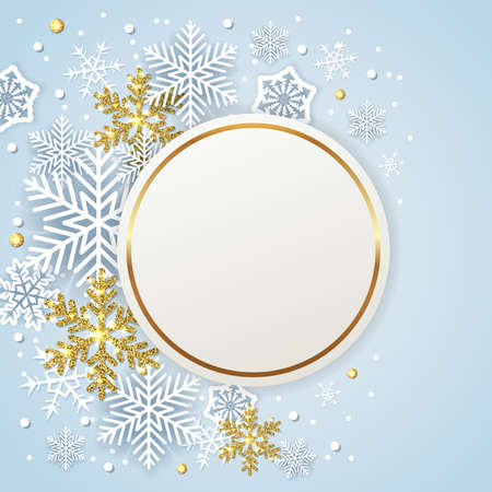 Round banner with white and golden snowflakes on a blue background. Design for new year and Christmas. Vector illustration.のイラスト素材