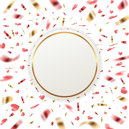 Festive vector banner with red and golden confetti on a white background. Valentine's day greeting card. のイラスト素材