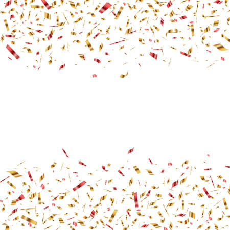 Festive vector horizontal banner with red and golden confetti on a white background. のイラスト素材
