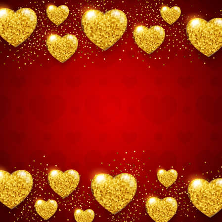 Red Valentine background with shining golden glittering hearts. Vector illustration. のイラスト素材