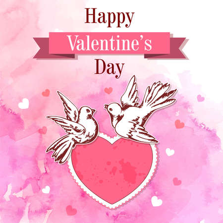 Pink watercolor vintage Valentine background with two birds and heart. Hand drawn vector illustration.のイラスト素材