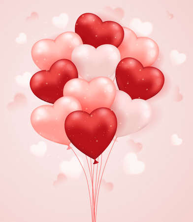 Valentine's day greeting card with pink and red hearts. Set of heart shaped balloons.のイラスト素材
