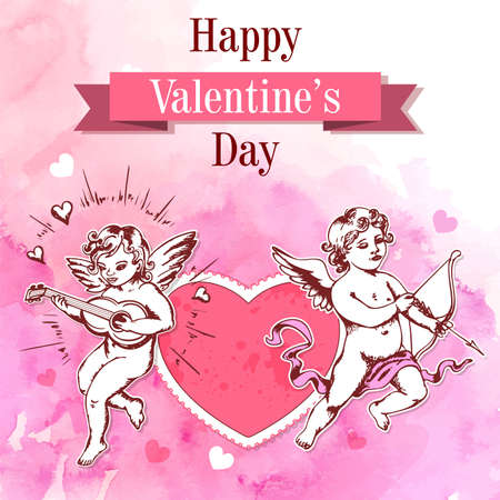 Vintage romantic Valentine card with two cupids and heart on a pink watercolor background. Vector illustration.のイラスト素材