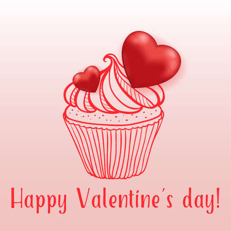 Sweet cake with red hearts on a pink background. Greeting card for Valentine's day. Hand drawn vector illustration.のイラスト素材