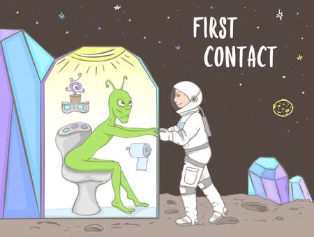 Green alien sitting on the toilet and astronaut breaking the door on an unknown planet. Stupid situation during first contact with other alien civilizations. Hand drawn vector illustration.のイラスト素材