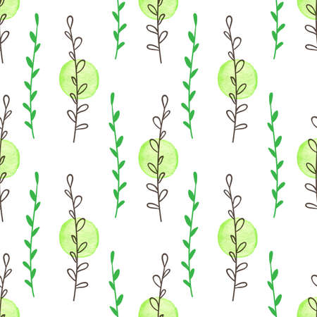 Hand drawn doodle green spring floral seamless pattern with leaves and watercolor blobs. Decorative vector backgroundのイラスト素材