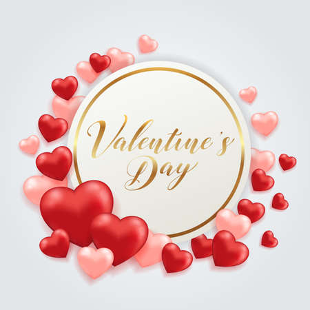 Saint Valentine's day greeting card with pink and red hearts. Holiday background with golden round frame and lettering. Vector illustration.のイラスト素材