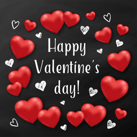 Holiday background with red hearts on a black chalkboard. Greeting card for Saint Valentine's day. Vector illustration.のイラスト素材