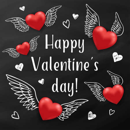 Holiday background with flying red hearts on a black chalkboard. Greeting card for Saint Valentine's day. Vector illustration.のイラスト素材