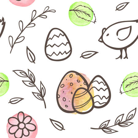 Hand drawn doodle Easter seamless pattern with eggs and chicken on a white background. Vector illustration.のイラスト素材