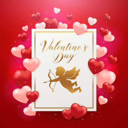Saint Valentine's day greeting card with hearts on a red background. Golden glittering frame with lettering and cupid. Vector illustration.のイラスト素材