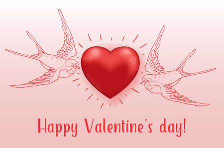 Couple of flying birds and red heart. Greeting card for Saint Valentine's day. Hand drawn vector illustration.のイラスト素材