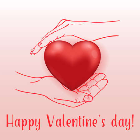 Red heart in human hands. Greeting card for Saint Valentine's day. Hand drawn vector illustration.のイラスト素材