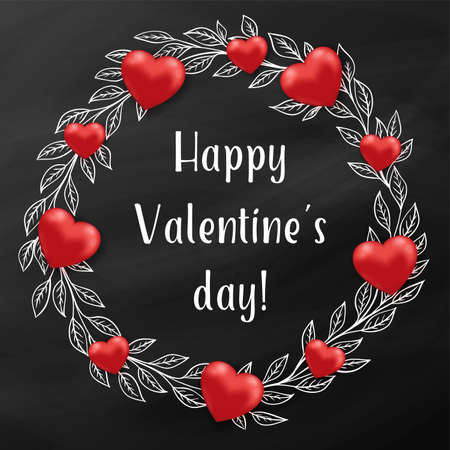 Floral frame of red hearts flowers on a black chalkboard. Greeting card for Saint Valentine's day. Hand drawn vector illustration.のイラスト素材