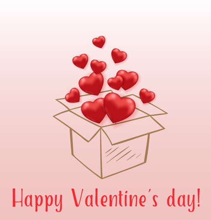 Red hearts flying from gift box. Greeting card for Saint Valentine's day. Hand drawn vector illustration.のイラスト素材