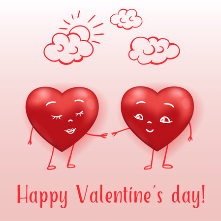Red hearts couple in love holding hands. Saint Valentine's day greeting card. Vector illustration.のイラスト素材