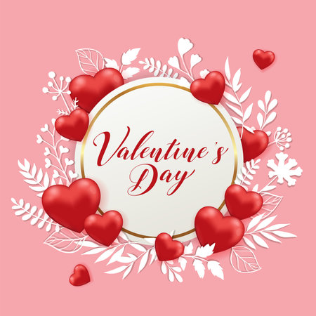 Red hearts, white paper cut flowers and round banner on a pink background. Greeting card for Saint Valentine's day. Vector illustration.のイラスト素材