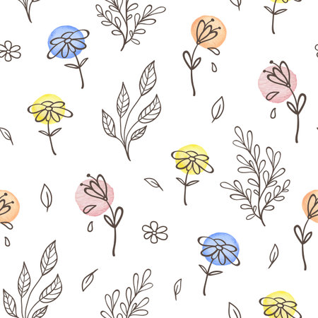 Hand drawn doodle spring floral seamless pattern with leaves and flowers. Decorative vector backgroundのイラスト素材