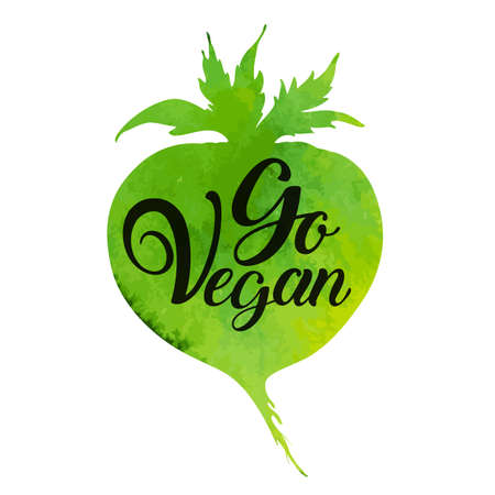 Green watercolor root vegetable and lettering Go vegan. Vegetarian lifestyle concept. Hand drawn vector illustrationのイラスト素材