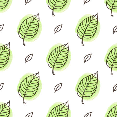 Hand drawn doodle spring floral seamless pattern with leaves and green watercolor blobs. Decorative vector backgroundのイラスト素材