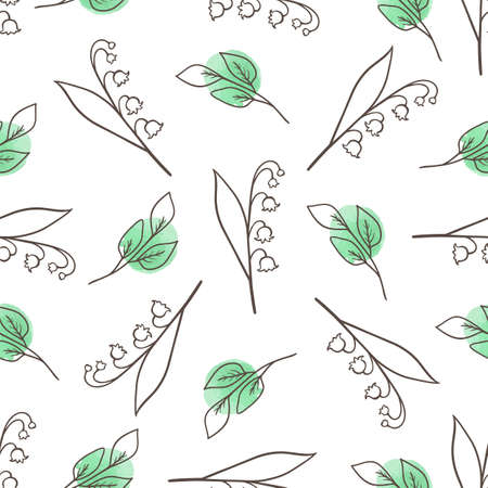 Hand drawn doodle spring floral seamless pattern with leaves and lily of the valley on a white background. Decorative vector backgroundのイラスト素材