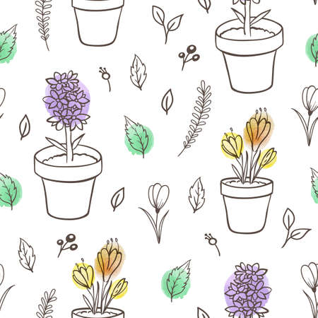 Hand drawn doodle spring floral seamless pattern with leaves and flowers in pots. Decorative vector backgroundのイラスト素材