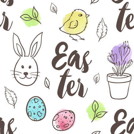 Hand drawn doodle Easter seamless pattern with eggs, rabbit and chicken on a white background. Vector illustration.のイラスト素材
