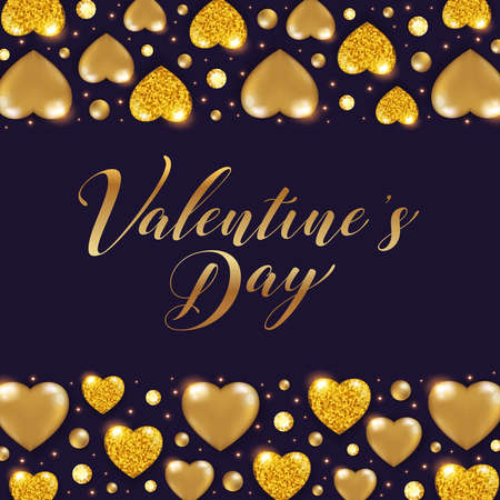 Decorative Valentine background with shining golden glittering hearts and gemstones. Vector illustration. のイラスト素材